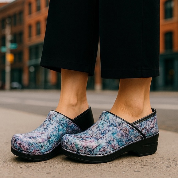 Dansko Blue Multi Color Clogs Paint Splatter Look Size 41 Marbled - Picture 1 of 8